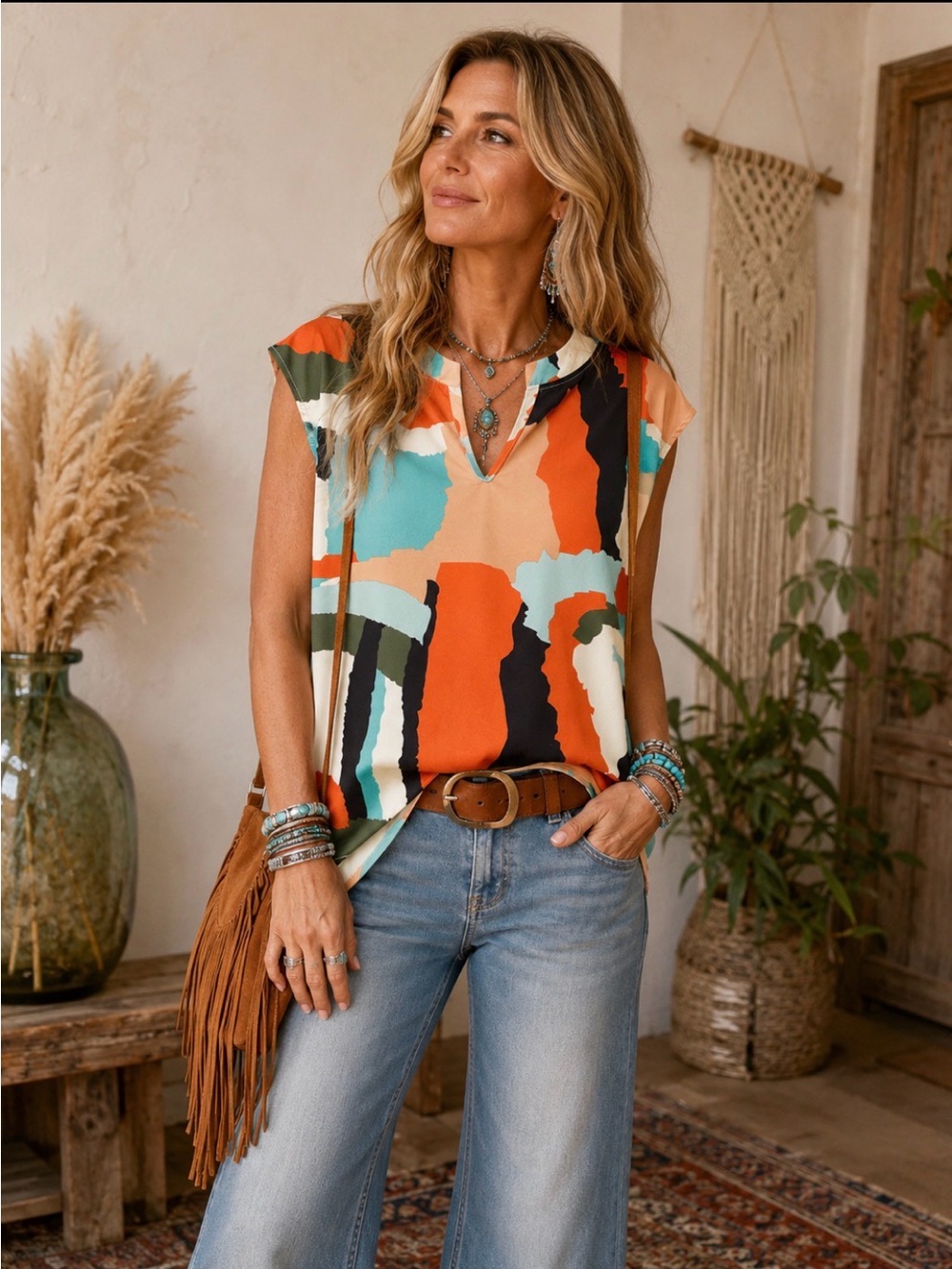 Abstract Print V-Neck Tunic Top‎ in Orange, Teal, Black, Olive